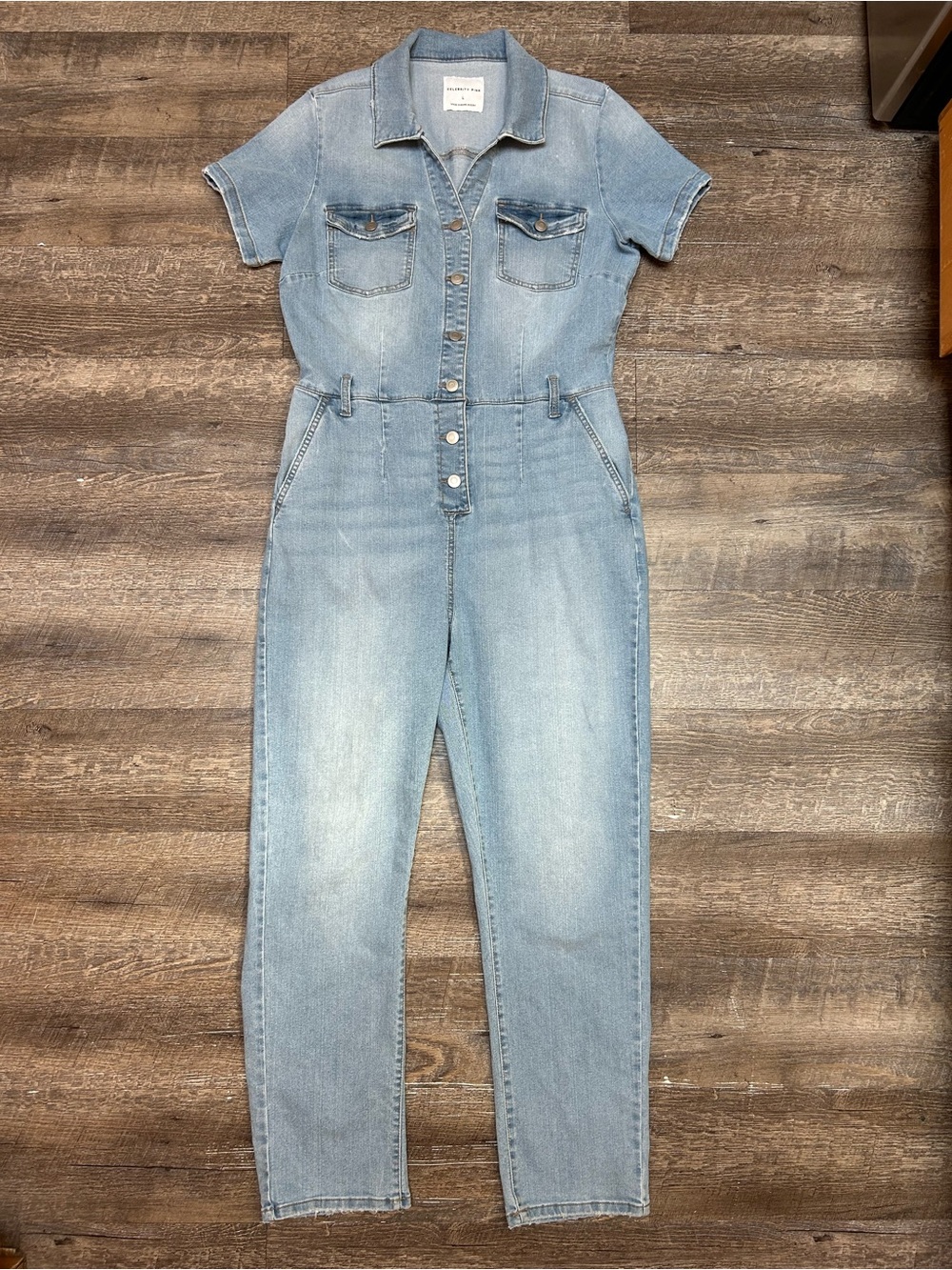 Celebrity Pink Light Blue Short-Sleeve Denim Jumpsuit